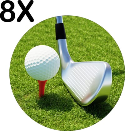 Luxe Ronde Placemat - Golfbal en Golfclub op het Gras - Set van 8 Placemats - 50x50 cm - 2 mm dik Vinyl - Anti Slip - Afneembaar