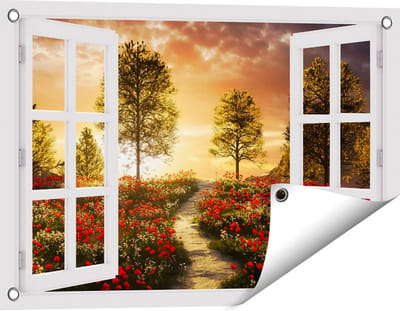Gards Tuinposter Doorkijk Mooi Landschap met Rode Bloemen en Zonsondergang - 60x40 cm - Tuindoek - Tuindecoratie - Wanddecoratie buiten - Tuinschilderij