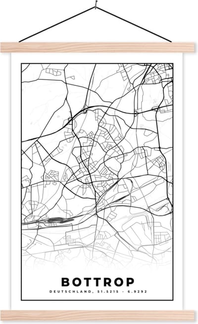 Posterhanger incl. Poster 40x60 cm - Schoolplaat - Bottrop - Plattegrond - Kaart - Stadskaart - Textielposter - Blanke latten - Stadskaart