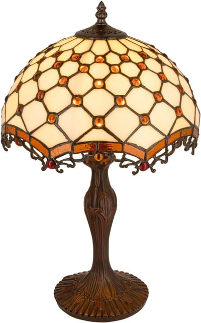 Tiffany tafellamp ruitpatroon - Crème-Amber - Ø 29 cm - Glas in lood - Warm licht - Sierlijk - Klassiek | RORUVERA