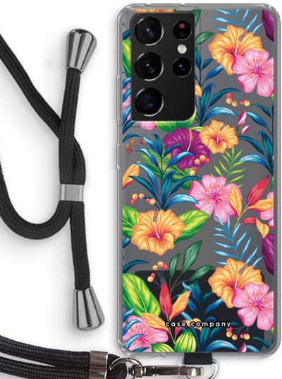 Case Company® - Hoesje met koord geschikt voor Samsung Galaxy S21 Ultra hoesje met Koord - Tropisch 2 - Telefoonhoesje met Zwart Koord - Bescherming aan alle Kanten en Over de Schermrand
