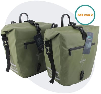 Voltano Enkele Fietstas Set E-bike - Olijf Groen - 2 x 23 Liter - Inclusief Schouderband - 100% Waterdicht - Fietstassen Elektrische Fietsen