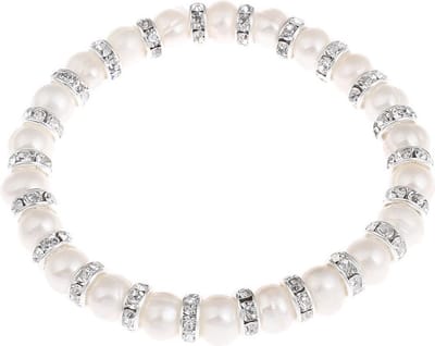 Zoetwater parel armband Bling Pearl - echte parels - wit - zilver - stras steentjes - elastisch - luxe sieraden zakje - parel armband dames - zoetwaterparel - elastisch parel armband - wit parel armband
