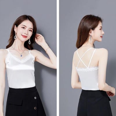 Lente en Zomer Zwart Kant Imitatie Zijde Sling Dames Dunne Pakken Draag Bovenkleding Gilet en Onderkleding Gilet Mouwloze Basis T-shirt Top M black