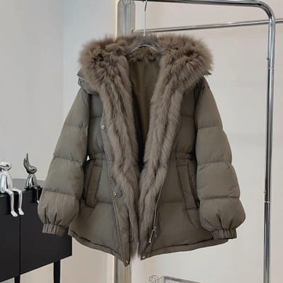 Veste en coton à la mode avec taille cintrée mi-longue pour femme, vêtements d'hiver avec grand col en fourrure, veste en coton XL café