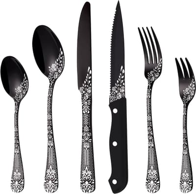Bestekset zwart voor 6 personen, 36-delige roestvrijstalen bestekset met steakmessen, bestekset spiegelgepolijst met bloemmotieven, vorklepel messenset vaatwasmachinebestendig