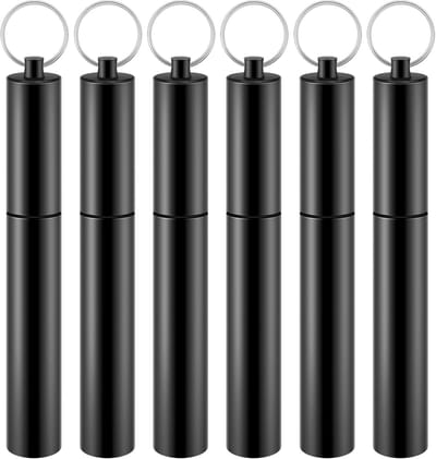 Daity Draagbare tandenstokerhouder (6 stuks) - afgesloten aluminium opbergdoos met connector - waterdichte opbergdoos met sleutelring - perfect voor op reis en picknicks (zwart)
