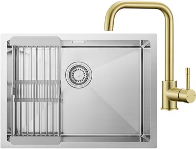 CECIPA Max Spoelbak voor keuken 60x44cm - Inbouwspoelbak Met Keukenkraan Goud - Spoelbakken Keuken RVS - Spoelbak Met Verstelbaar Mandje - Met Afdruiprek