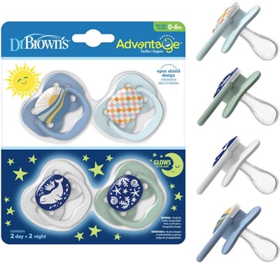 Dr. Brown's Advantage Glow-in-the-Dark Fopspenen 0-6 Maanden – 4 Stuks – 100% Siliconen Speen – BPA-vrij – Blue Sunrise-Blue Ocean