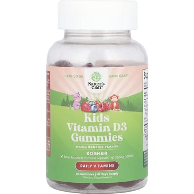 Nature's Craft, Gommes de vitamine D3 pour enfants, baies mélangées, 25 mcg (1 000 UI), 60 bonbons