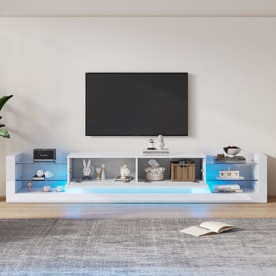Pugsdrly Hoogglans tv-kast met ledverlichting, 181 cm – voor tv's tot 80 inch, glazen front, twee opklapbare lades