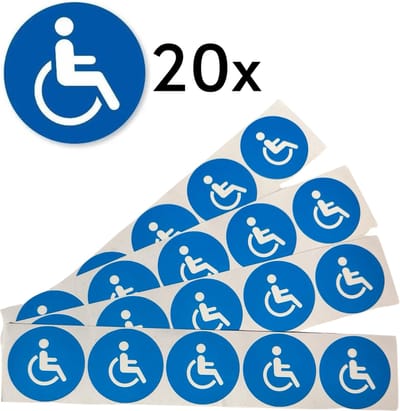 Rolstoel toegangelijk sticker set - 20 Ronde blauwe stickers met rolstoel - 50MM