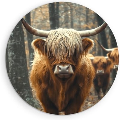 Saammp - Muurcirkel Hout - Groep Schotse Hooglander Koeien - Landschap - Dieren - Natuur - Ø 90 - Wandcirkel - Wanddecoratie Cirkel - muurdecoratie Woonkamer - Slaapkamer decoratie - Rond Schilderij