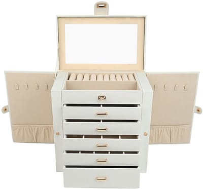 Hoppa! Sieradendoos, Juwelendoos, grote juwelendoos met 6 niveaus, juwelendoos met zijdelingse scharnierende deuren, laden, spiegel en slot, voor ringen, oorbellen, horloges