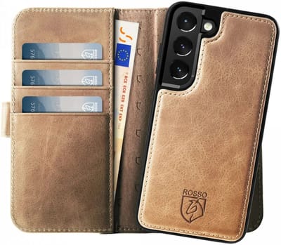 Rosso Elite Hoesje Geschikt voor Samsung Galaxy S22 | Compatibel met MagSafe | Book Case en Back Cover | Magnetisch Uitneembaar | Echt Leer Beschermhoes met Pasjeshouder | Lichtbruin