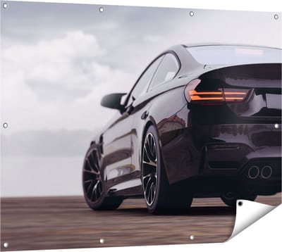 Gards Tuinposter Zwarte Sportwagen Auto van Achter - 120x90 cm - Tuindoek - Tuindecoratie - Wanddecoratie buiten - Tuinschilderij