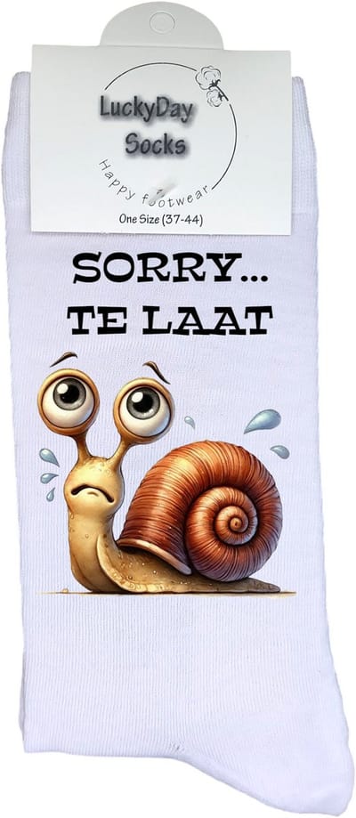 Te laat - Valentijns Cadeau - Grappige sokken - Leuke sokken - Hem Haar sokken - Vrolijke sokken - Sint cadeau - Vaderdag - Moederdag - Verjaardag cadeau - Kerst cadeau - Slak - Sorry - Vergeten - Leuk Cadeau - Socks maken Happy - 37-44