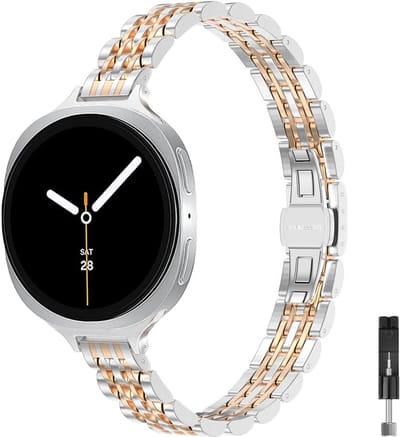 Stravo Slim RVS Schakelband – 7-Link Design – Elegante Dunne Horlogeband – Geschikt voor Samsung Galaxy Watch 9 (40/44mm) / Watch 8 (40/44mm) / 8 Classic (46mm) – Zilver / roségoud