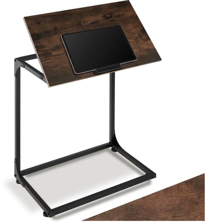 tectake® C-vormige Bijzettafel - Laptoptafel met Kantelbaar Houten Tafelblad - Bedtafel met Stopper - Industrieel Design - Tafel voor Laptop en Tablet - Verstelbaar - Afmeting (LxBxH) 55 x 35 x 66,5 cm - Donkerbruin
