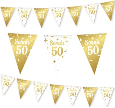 SnelShoppen - Feestdecoratie - Slinger - Vlaggenlijn - 50 Jaar Verjaardag - Wit & Goud - 10 Meter - Binnen & Buiten