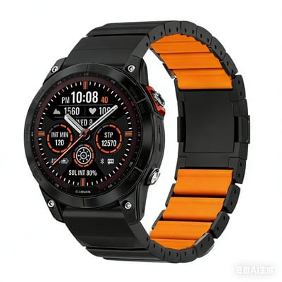 Stravo Magnetisch Titanium Bandje met Siliconen Binnenlaag – QuickFit 22 mm – geschikt voor Garmin Fenix 5 / 6 / 7 / 8 / Fenix E / Epix Gen 2 47 mm / Forerunner 935/945/955/965/745 / Quatix 7 / Instinct (1) – Zwart / oranje
