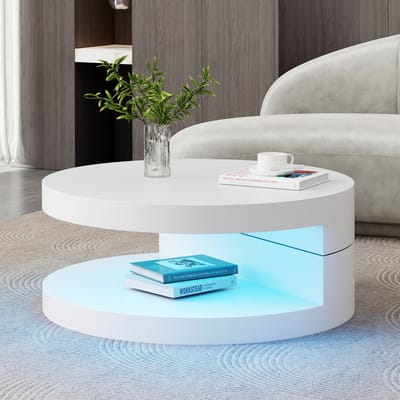 STILVORA Salontafel - Draaibaar Tafelblad Met Ledverlichting - Voor Woonkamer - MDF - 70x70x35,5 Cm - Wit