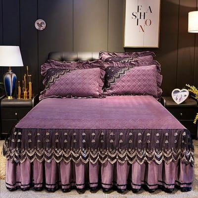 Donkerblauw Luxe Kant Winter Sprei Dik Huis Bed Rok-stijl Hoeslakens Borduurwerk Katoen Europees-stijl Spreien 180x220cm 3pcs