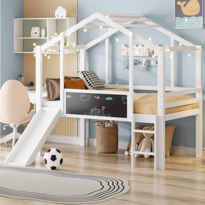 YEHTOKHOME Hoogslaper 90 x 200 cm met glijbaan en ladder - multifunctioneel Kinderbed Huisbed met lattenbodem - Graffitibord - Massief houten - Zonder matras - Wit