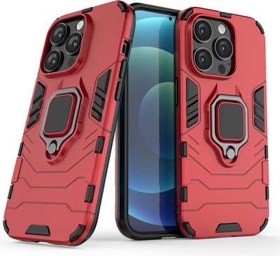 MobyDefend Hoesje - Geschikt voor iPhone 14 Pro - Dubbelgelaagde Pantsercase Met Standaard - Rood