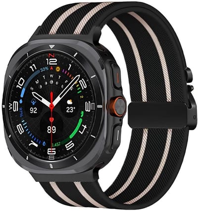 Nylon bandje - geschikt voor Samsung Galaxy Watch Ultra (47mm) / Ultra 2025 (47mm) - met strepen en parachute sluiting - zwart starlight