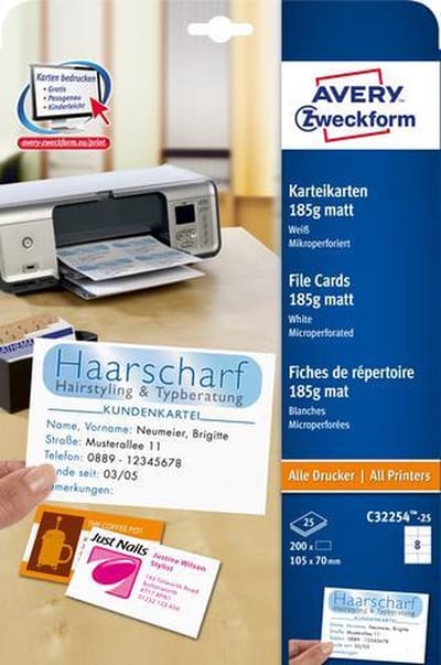 Systeemkaart Avery 105x70mm 185gr wit 25 vel 8 kaarten per vel