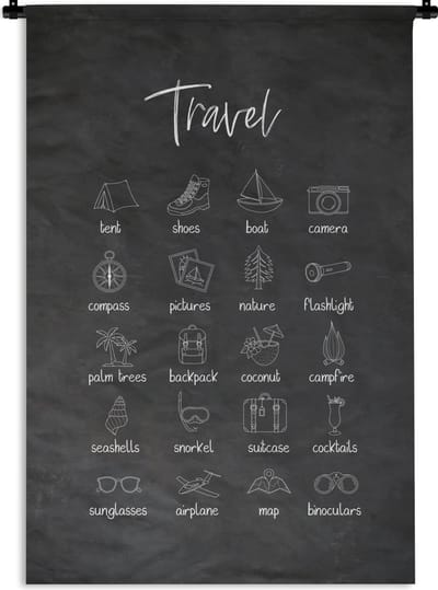 Wandkleed - Wanddoek - Spreuken - Quotes - Travel - Tent - Schoenen - 120x180 cm - Wandtapijt