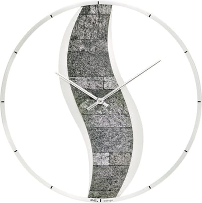 AMS W9646 - Wandklok - Rond - Analoog - Hout - Aluminium - Stenen pad - Zilverkleurig