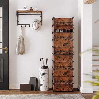Hoppa! in elkaar grijpend schoenenrek, rechthoekige opberger, 10 sleuven modulaire doe-het-zelf opbergrek, 40 x 30 x 17 cm voor elke sleuf, kunststof kledingkast met deuren, rustiek bruin