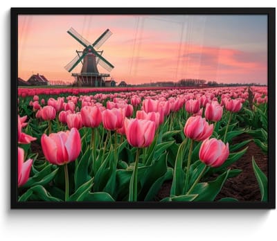 Poster in lijst - Fotolijst 70x50 cm - Posters - Tulpen - Molen - Nederland - Posterlijst zwart - Decoratie - Wanddecoratie woonkamer - Muurdecoratie slaapkamer