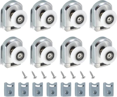 25 mm douchedeurrollen voor enkele douchedeur met geleidingswielen, kunststof grondwielen en anti-botsingsblok, 8 stuks voor glazen deuren 4-6 mm, zilver