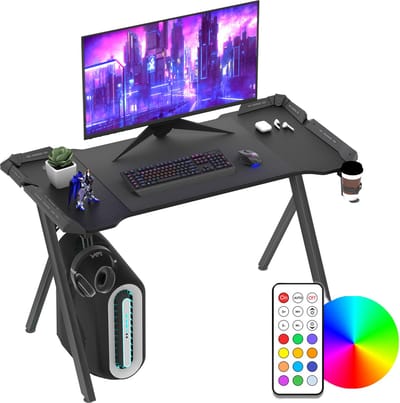LED gaming bureau met Y-frame, stabiliteit door antislipvoetjes, gamingtafel met RGB-verlichting en afstandsbediening, computerbureau, koptelefoonhouder en bekerhouder, zwart - 120x60x75cm