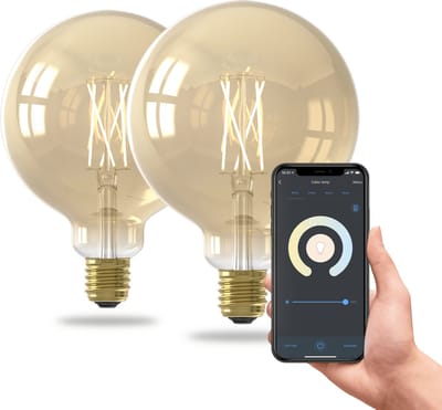 Calex Slimme Lamp - Set van 2 stuks - Wifi LED Filament Verlichting - Globe 12.5cm - E27 - Smart Lichtbron Goud - Dimbaar - Warm Wit licht -
