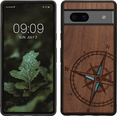 kwmobile telefoonhoesje geschikt voorGoogle Pixel 7a - Hoesje met bumper - hout - In donkerbruin Parelmoer kompas design