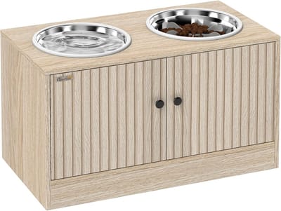 Verhoogde Hondenvoerbak - Honden Voerstation - Comfortabel Eten - Met Opbergkast - 60x30x35.5cm - Eiken