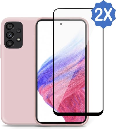 Geschikt voor Samsung A53 5G Hoesje + 2x Screenprotector – Full Cover Gehard Glas – Suède Back Cover Case Rose