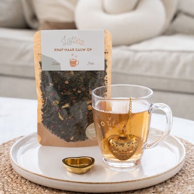 Lottea Giftset met zeefje 'Knap maar gauw op' - cadeau beterschap, beterschap cadeau, opkikkertje cadeau, beterschap kadootjes, thee cadeau, thee gift