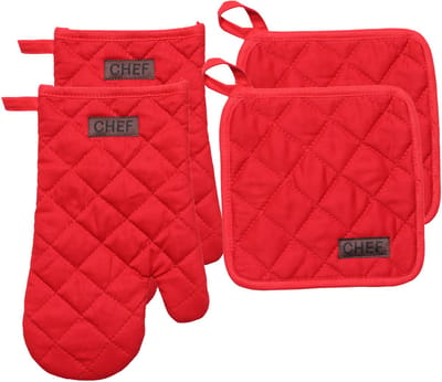Luance Ovenwant set met pannenlap - 2x - rood - katoen - 18 x 28 cm - chef - keukenbenodigdheden