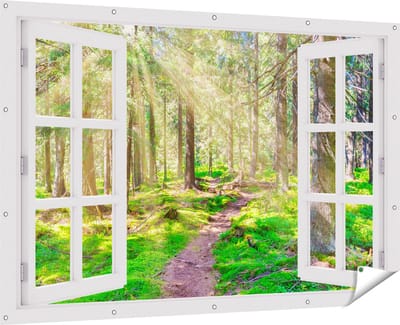 Gards Tuinposter Doorkijk Pad in Bos met Zon tussen de Bomen - 180x120 cm - Tuindoek - Tuindecoratie - Wanddecoratie buiten - Tuinschilderij