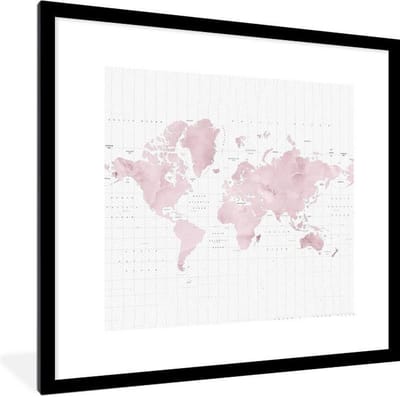Poster in lijst - Fotolijst 40x40 cm - Posters - Wereldkaart - Roze - Marmer - Posterlijst zwart - Decoratie - Wanddecoratie woonkamer - Muurdecoratie slaapkamer