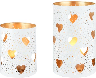 Dekoratief | Set 2 Waxinelichthouders 'Trendy Hearts', wit/goud, metaal, 12x12x20cm | A258097