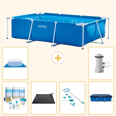 Intex Rechthoekig Frame Zwembad - 300 x 200 x 75 cm - Blauw - Inclusief Onderhoudspakket - Solar Mat - Schoonmaakset - Afdekzeil - Grondzeil - Zwembadfilterpomp - 7-delig