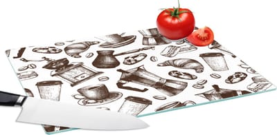 Glazen Snijplank - 39x28 - Koffie - Croissant - Patroon - Snijplanken Glas
