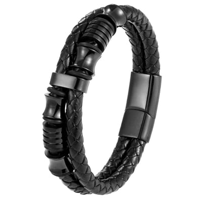 Fako Bijoux® - Armband Heren - Black Mystery - RVS - Leer - 21cm - Zwart