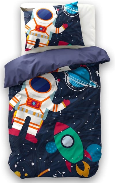 1-persoons jongens dekbedovertrek (dekbed hoes) blauw ruimtevaart met astronaut, spaceshuttle / raket tussen planeten en sterren in het heelal / universum eenpersoons 140 x 220 cm (stoer beddengoed kinderkamer)